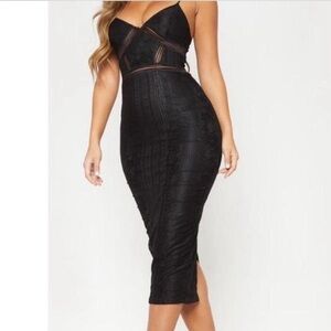 Pretty Little Thing Lace Mesh Stripe Insert Elegant Midi Little Black Dress
